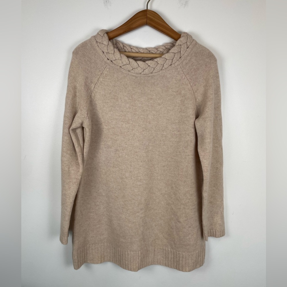 VTG Peck & Peck Wool Cashmere Braided Neck Sweater Neutral Cozy Knit Repaired